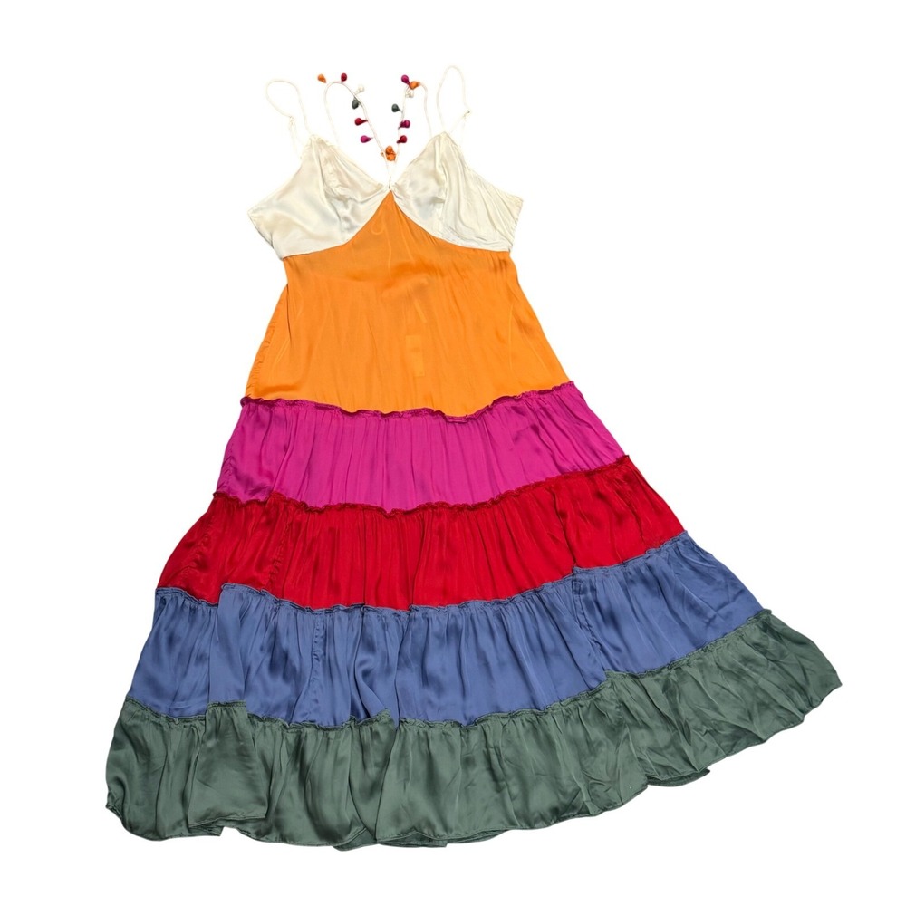 Anthropologie Maxi Dress Womens 1X Multicolor NEW Colorblock Tiered Pom Pom Boho